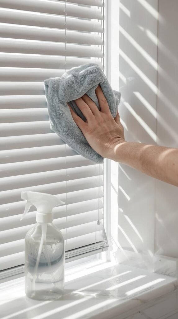 Editorial close-up of a microfiber cloth lightly dampened, wiping white or light-gray vinyl blinds. A minimal spray bottle sits nearby on a windowsill.