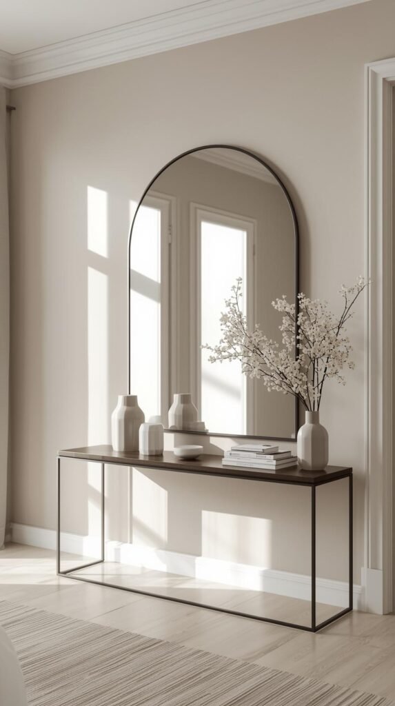 Entryway or bedroom wall featuring a statement mirror with thin metal or arched frame. Light bouncing across neutral walls