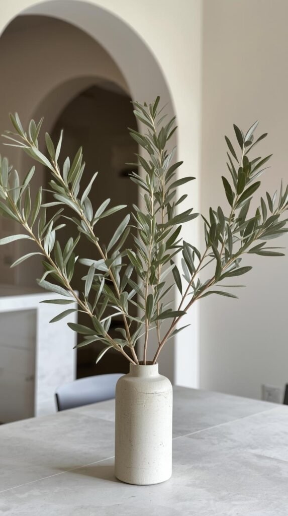 Faux olive branches with slender leaves arranged simply in a stone or ceramic vase. Modern kitchen or dining space with neutral palette and clean lines.