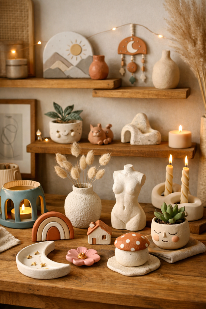 Finished air dry clay pieces displayed in a cozy creative space, shelves or tabletop with completed projects
