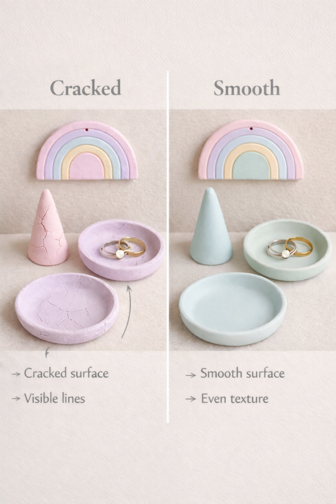 Finished beginner air dry clay projects displayed together, small trinket dishes, ring cones, minimal wall hanging