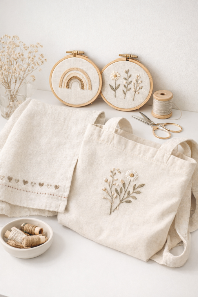 Finished beginner embroidery projects displayed together, small embroidery hoop wall art, embroidered tote bag, simple stitched towel, cohesive neutral color palette.