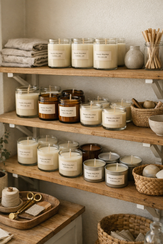 Finished handmade candles resting on open shelving while curing, simple labels with pour dates, soft natural light.