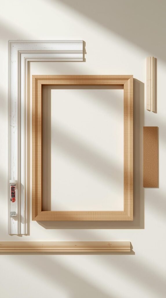 Flat lay of DIY TV frame materials including MDF trim boards, lightweight wood molding, foam trim, sandpaper, wood glue, neutral background.