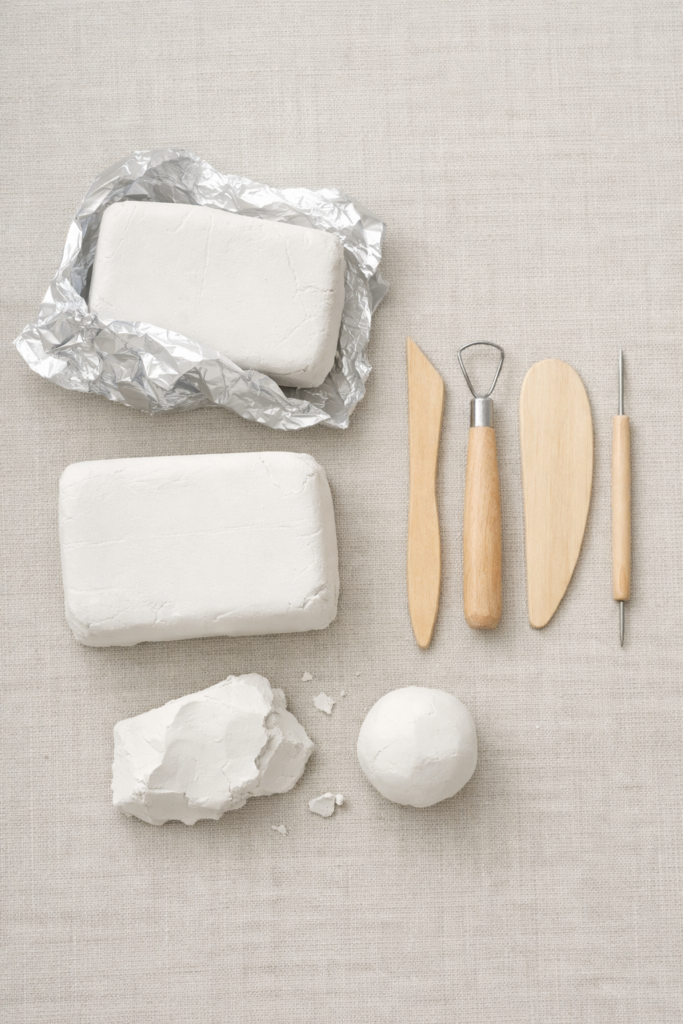 Flat lay of air-dry clay in its raw form, smooth white clay blocks partially unwrapped, simple sculpting tools beside them