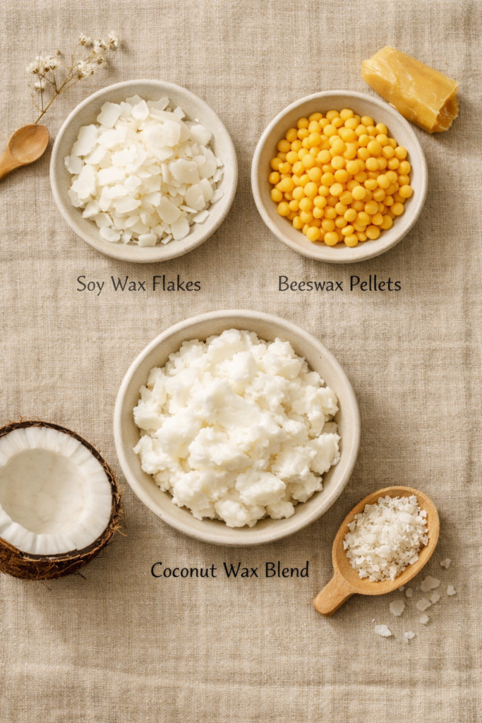 Flat lay of different candle wax types displayed in small bowls, soy wax flakes, beeswax pellets, coconut wax blend,.