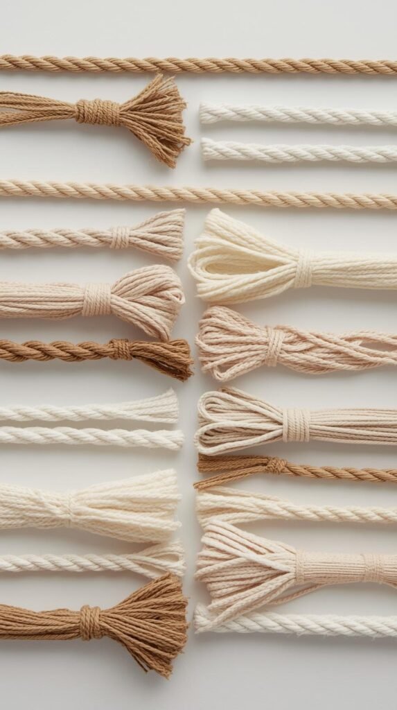 Flat lay of different macramé yarn types neatly arranged_ single-twist, braided, recycled cotton cords in various thicknesses.
