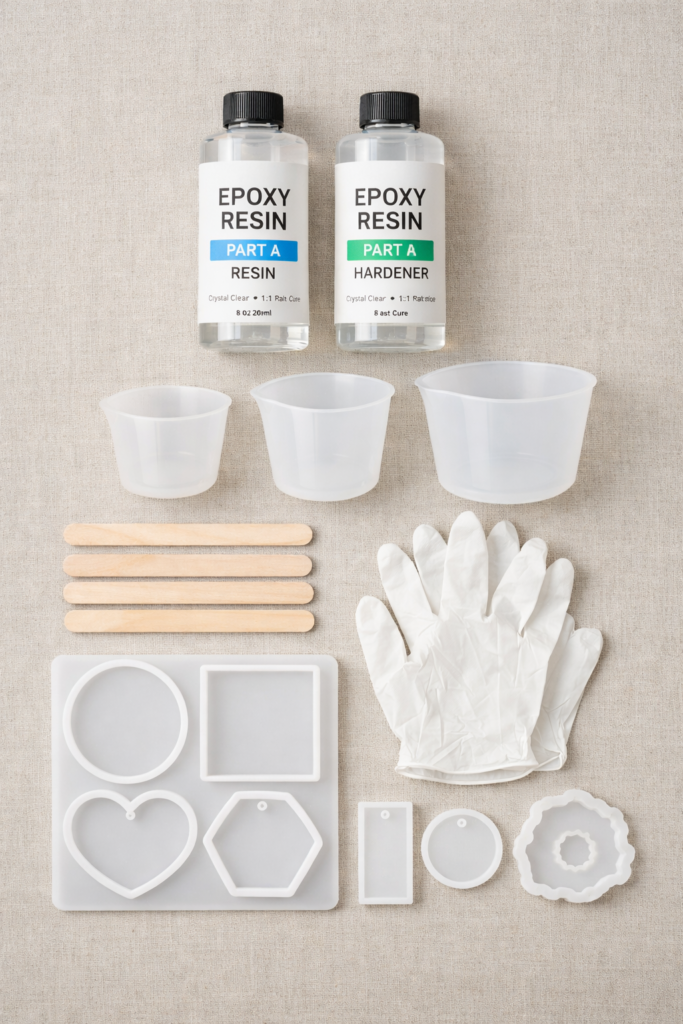 Flat lay of resin craft supplies neatly arranged, epoxy resin bottles, silicone mixing cups, stir sticks, gloves, and molds.
