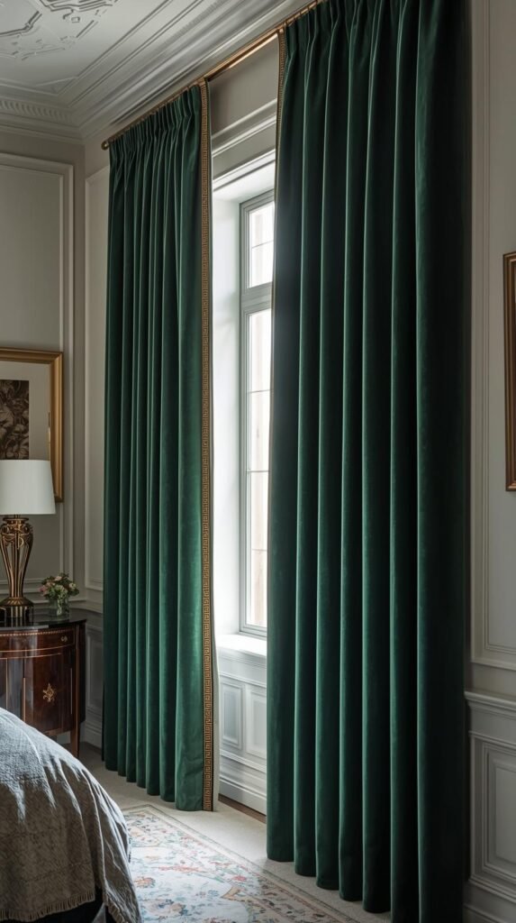 Floor-to-ceiling velvet curtains in a rich solid color with subtle Greek key trim along the edge. 