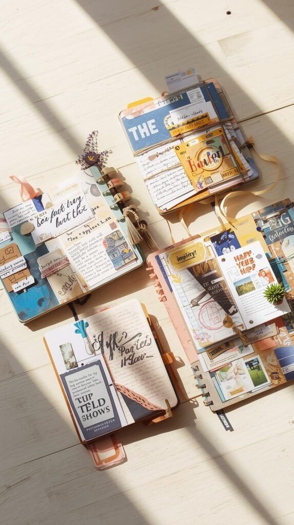 Four mini junk journal spreads visible at once, each with a different vibe: one color-based, one texture-heavy, one quote-led, and one memory-style. Arranged casually on a desk.