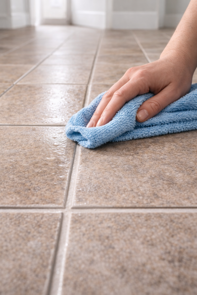Freshly cleaned tile floor being rinsed and dried. Microfiber towel wiping grout lines, subtle shine on tile surface.