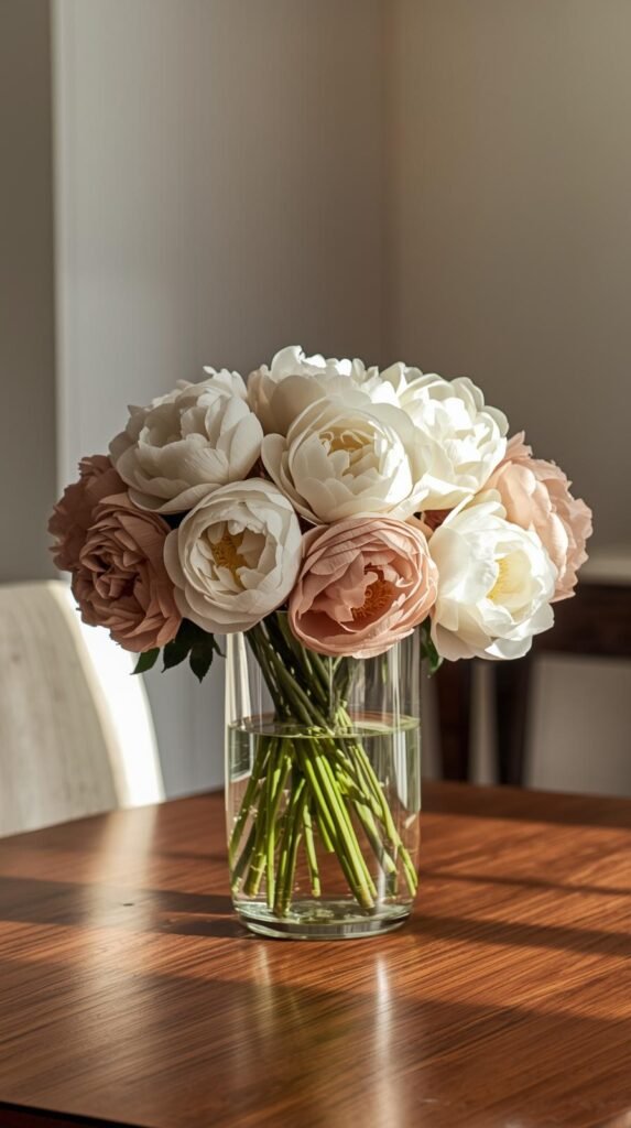Full artificial peony silk flowers in ivory or dusty blush arranged in a medium-height vase on a dining table or console. 