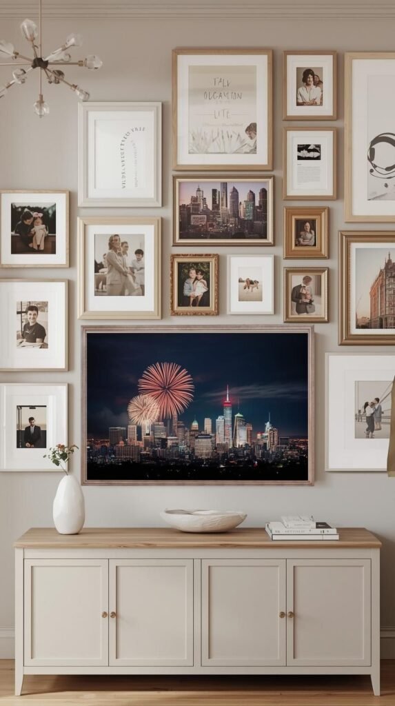 A straight-on interior wall styled as a curated gallery wall, light warm gray wall paint, mix of framed artwork and photographs arranged in a balanced grid layout, frames in light wood, natural oak, white mat frames, and gold vintage-style frames, various frame sizes, artwork includes city photography, travel illustrations, family portraits, and watercolor-style prints. Centered lower portion features a wide horizontal framed artwork depicting a nighttime city skyline with colorful fireworks bursting in the sky, dark background with vibrant reds, blues, and golds. Below the gallery wall are three white storage benches or cabinets with flat tops and small leather pull handles. Clean, organized, cozy home interior, soft natural daylight, realistic interior photography, Pinterest editorial style, no people, no text, high resolution, neutral and warm aesthetic.