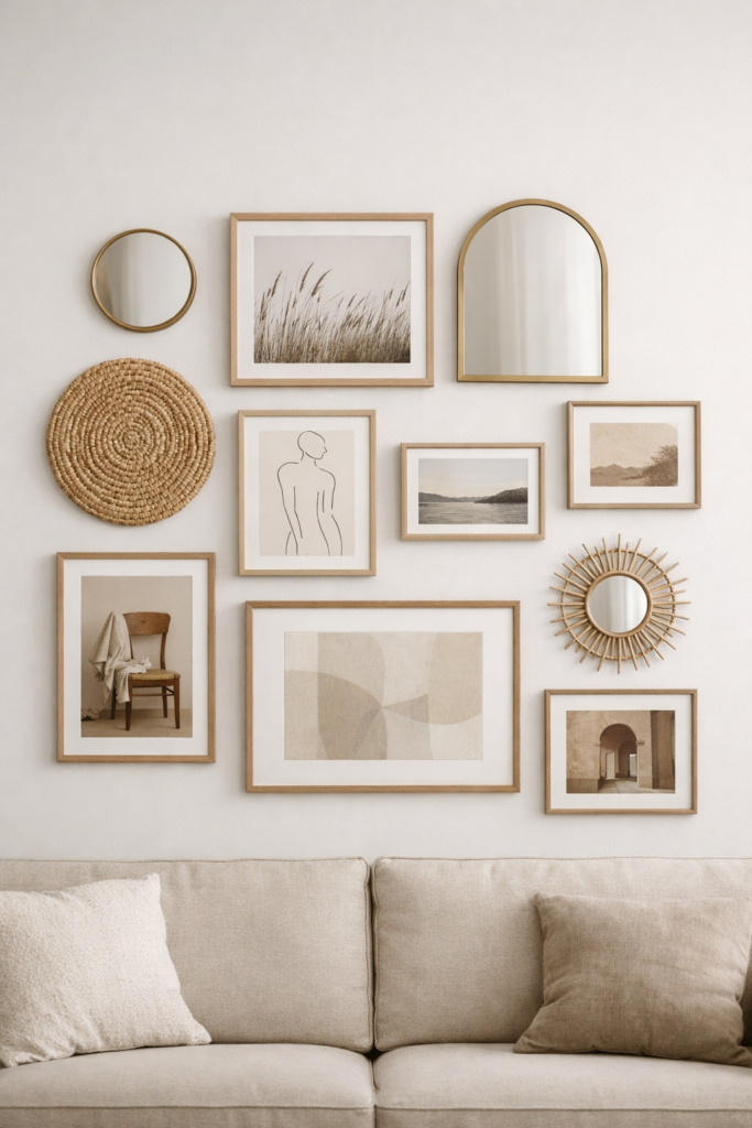 Gallery wall created using command strips, mix of framed art, small mirrors, and woven wall decor, cohesive neutral color palette