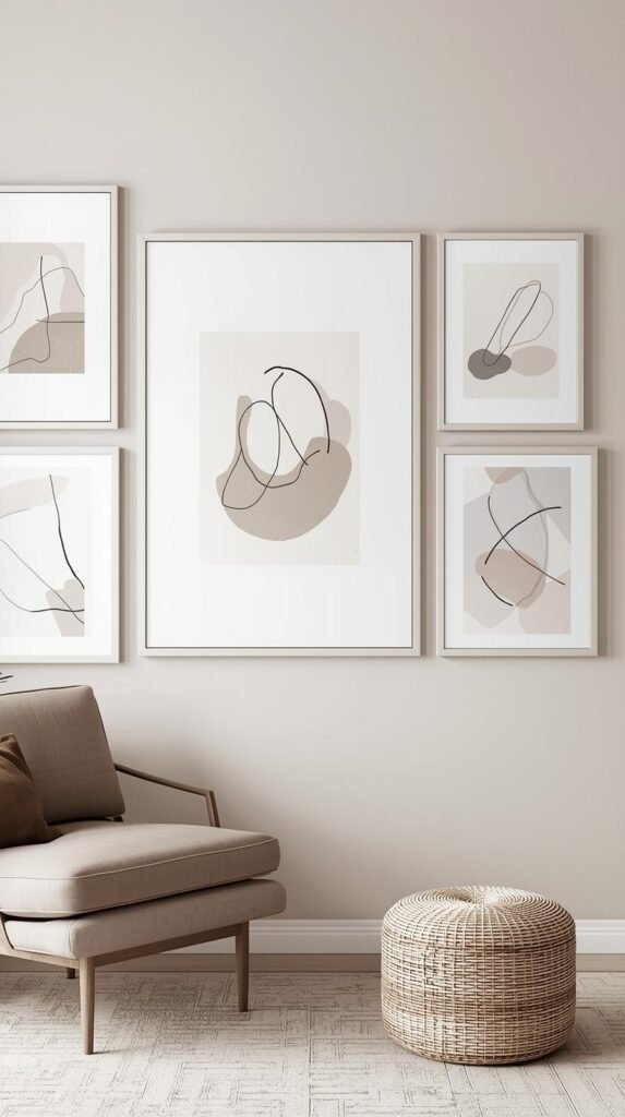 Gallery wall or single oversized art piece featuring neutral abstract or line art prints. Clean frames, soft color palette