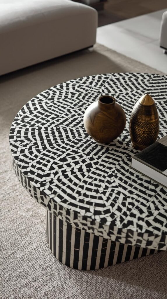 Geometric inlay coffee table featuring bold black-and-white pattern, bone or wood marquetry surface, softened edges.