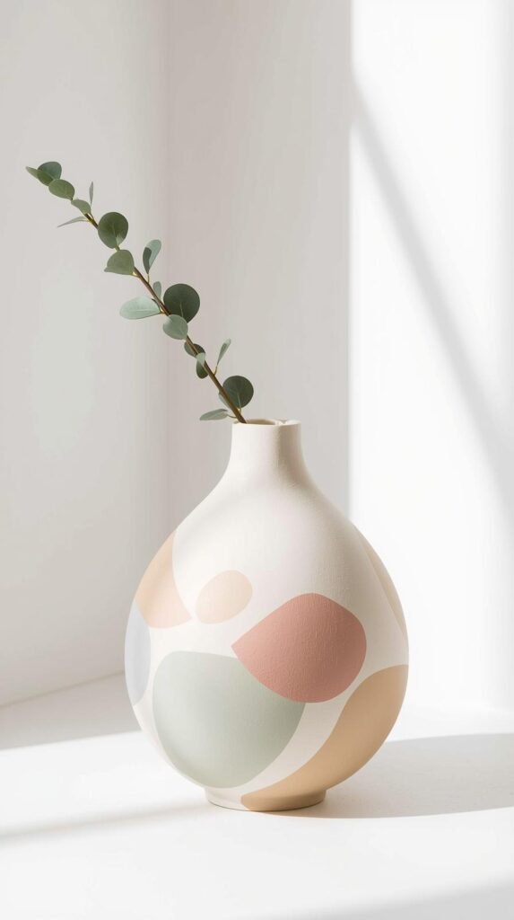 Hand-painted abstract vase with soft organic shapes, neutral base with muted accent colors.