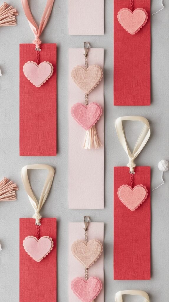 Handmade Valentine bookmarks made from cardstock with hearts and ribbon tassels.
