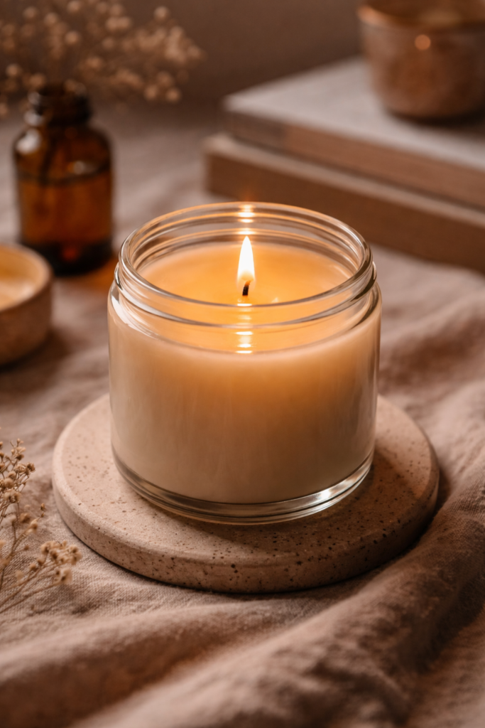 Handmade candle lit for the first time, full melt pool reaching edges of glass jar, soft flame glow, trimmed wick.