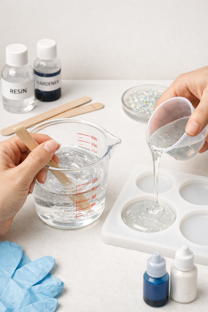 Hands carefully mixing epoxy resin in a clear measuring cup, slow stirring motion, resin pouring into silicone mold nearby