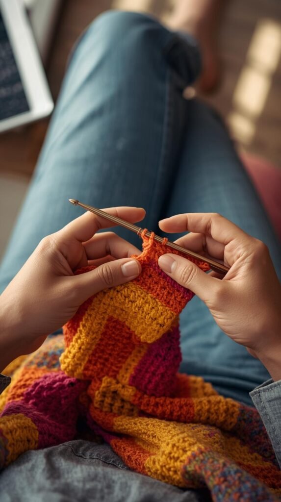 Hands crocheting a simple beginner project like a dishcloth or scarf, bright yarn colors.