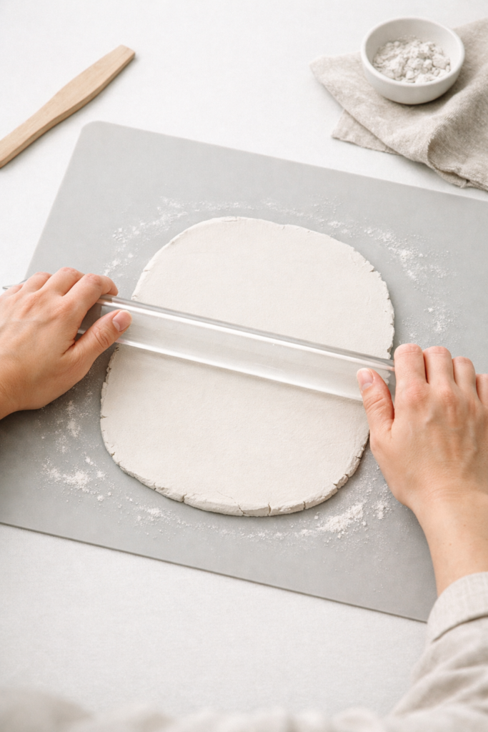 Hands rolling air dry clay with an acrylic rolling pin on a silicone mat, evenly flattened clay slab