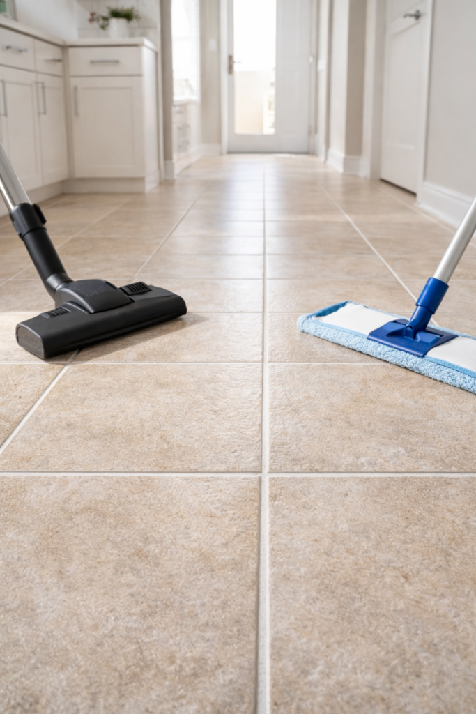 Hard floor vacuum and microfiber mop visible, debris cleared from grout lines, bright natural daylight, modern kitchen or hallway setting
