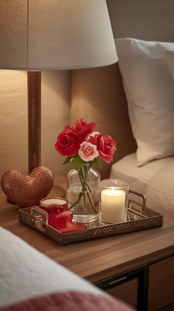 Hotel nightstand styled for Valentine’s Day with a decorative tray, faux flowers in a small vase, LED candle.