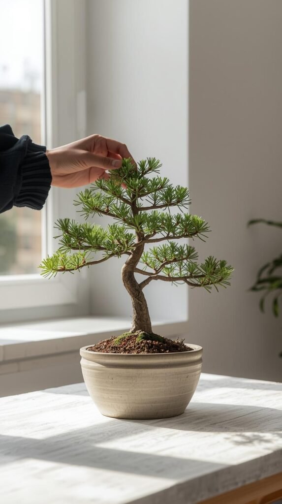 Indoor bonsai tree being gently pruned by adult hands, minimal ceramic pot.
