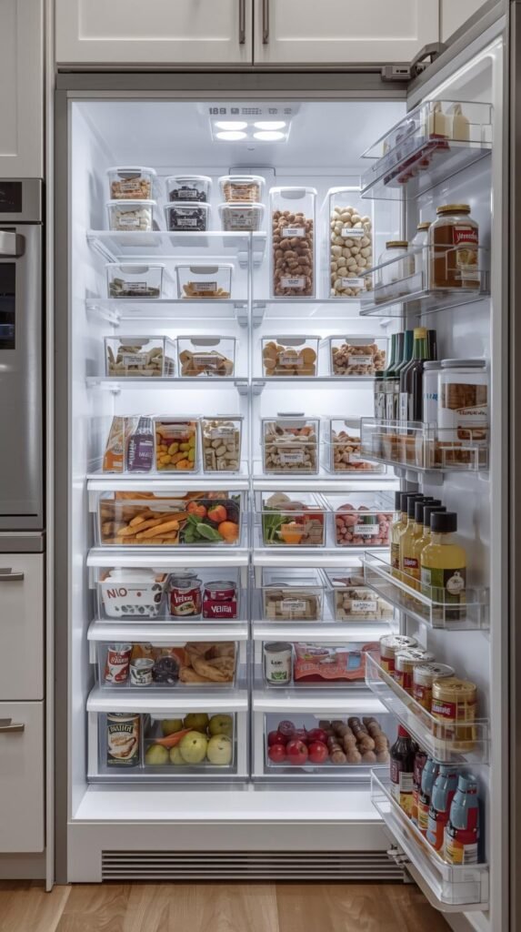 Inside a modern kitchen cabinet or fridge with clear stackable bins labeled by category. Organized zones for snacks, prep, and staples.