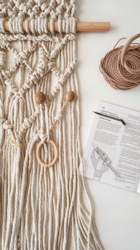 Intermediate macramé project in progress on a large work surface. Longer cords, multiple knot sections, wooden rings and beads visible.