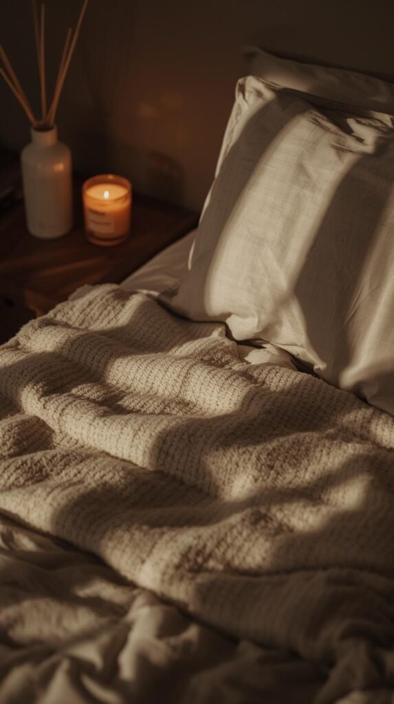 Intimate bedroom vignette featuring a glowing scented candle on the nightstand, textured throw blanket folded on the bed and neutral pillow covers on a nightstand. 