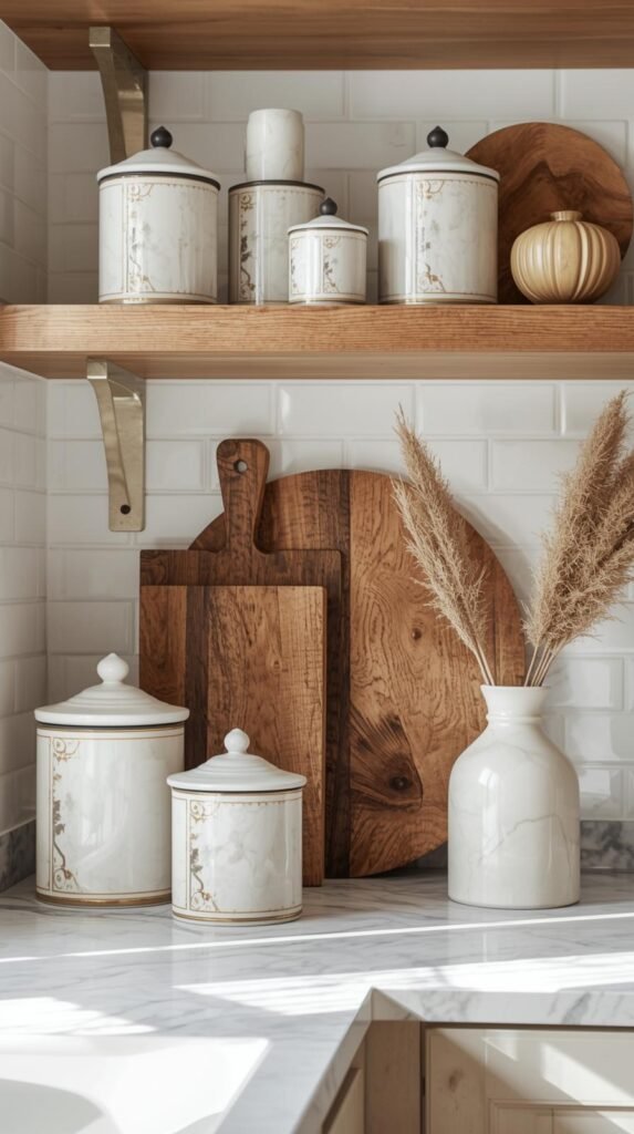 Kitchen counter or open shelf styled with decorative canisters, wood cutting boards, and neutral accessories.