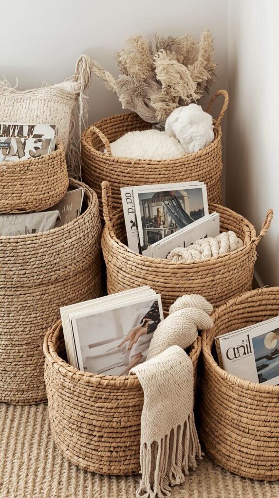 Living room or bedroom corner styled with woven storage baskets holding blankets and magazines.