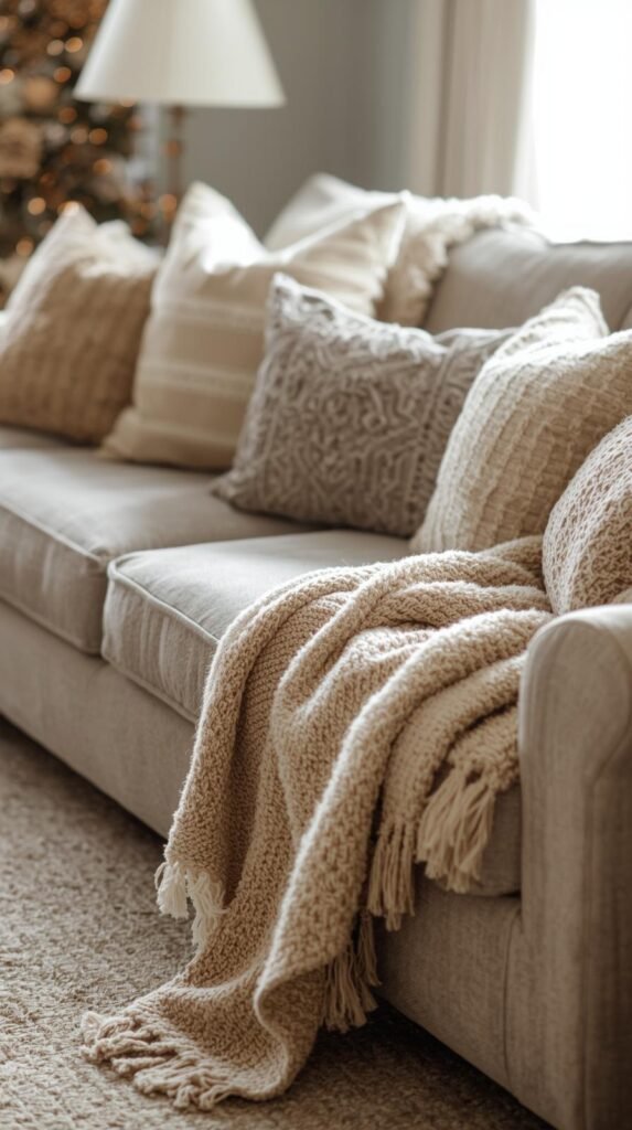 Living space styled with subtle seasonal decor like textured throws or neutral pillows.