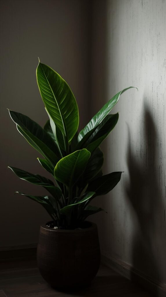 Low-light apartment interior featuring a ZZ plant in a sleek decorative planter. 