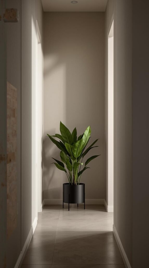 Low-light hallway or corner of an apartment featuring a cast iron plant in a simple matte planter.