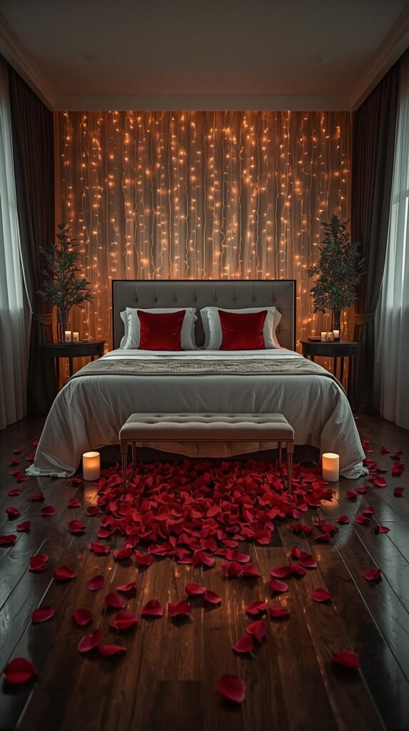 Luxury hotel bedroom styled for Valentine’s Day with an elegant romantic aesthetic. A plush bed centered against a wall of warm cascading fairy lights, soft neutral bedding with deep red accent pillows, rose petals scattered across dark wood floors, flameless candles glowing softly between petals. Sheer curtains, minimal greenery, refined styling, upscale boutique hotel vibe, cinematic lighting, editorial interior photography.