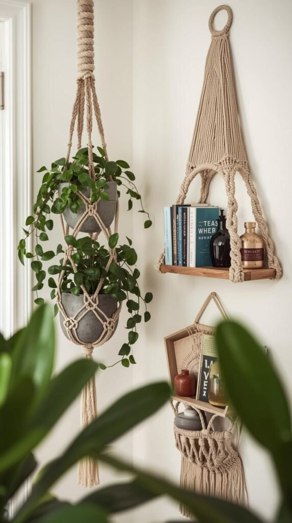 Functional macramé decor pieces displayed together: tiered plant hanger holding real plants, macramé hanging shelf with books and decor, small wall organizer. Emphasis on structure and balance.