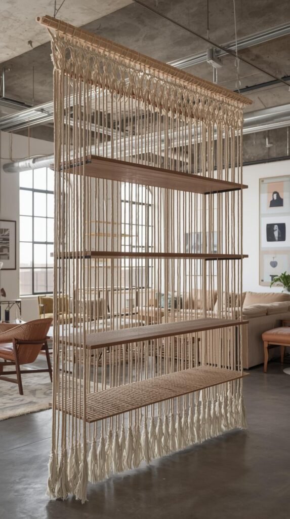 Macramé room divider used as functional decor in an open-concept space. Strong structure, thick rope, metal hardware visible.