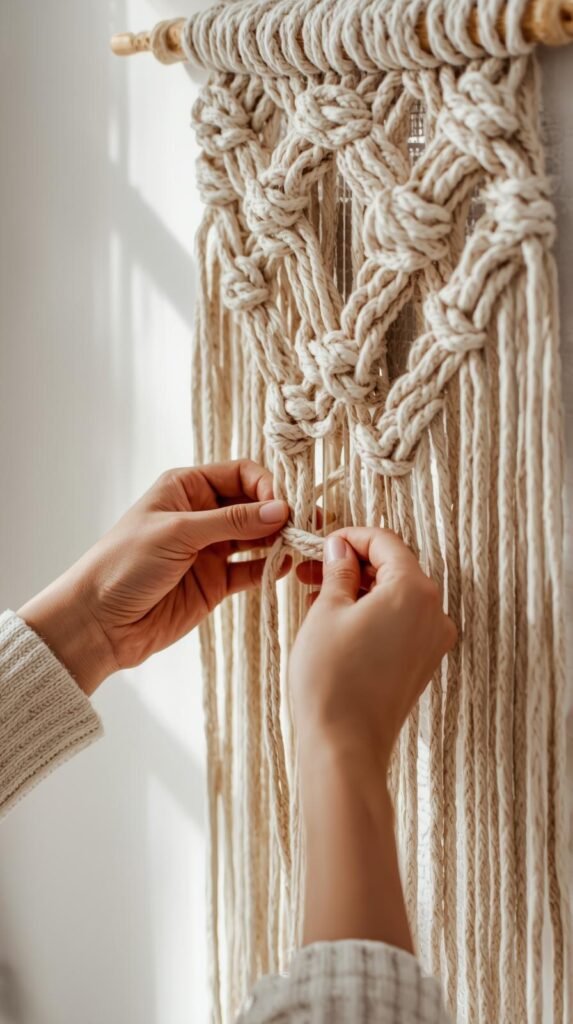 Macramé wall hanging in progress, adult hands knotting cotton cord, neutral and boho color palette.