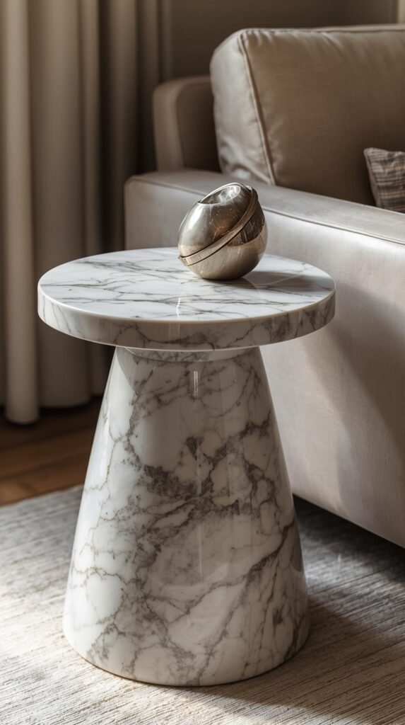 Marble pedestal side table with rounded drum shape and visible natural veining, styled beside a sofa or lounge chair.