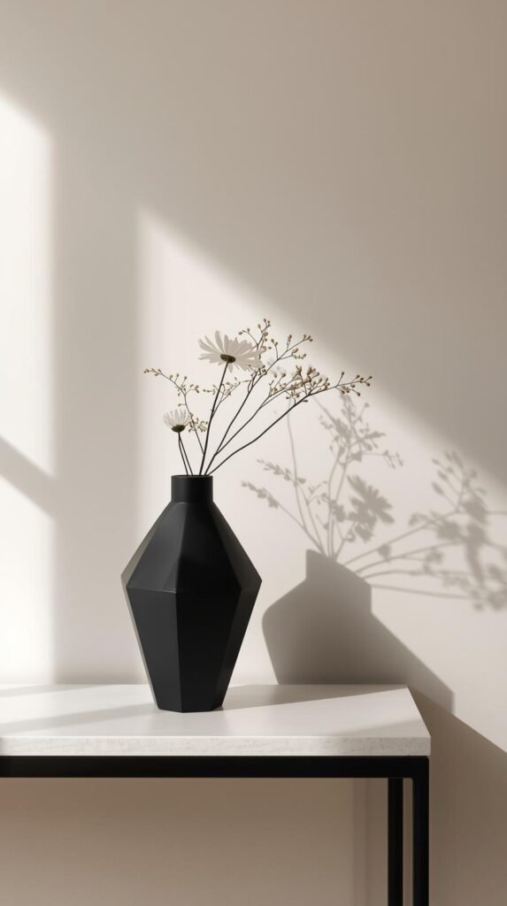 Matte black modern vase with clean silhouette, styled on a console or shelf, high contrast against light background, minimal floral stems.