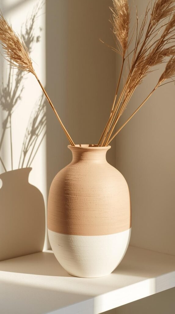Matte chalk-painted ceramic vase with soft stoneware texture, neutral beige and off-white tones, subtle brush texture visible.