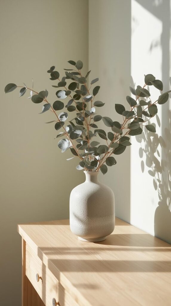 Matte faux eucalyptus stems fanned naturally in a ceramic vase on a console or dining table. 