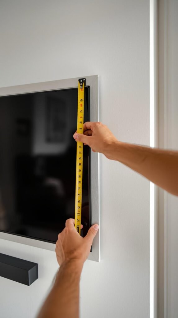 Measuring a wall-mounted TV with a tape measure, painter’s tape outlining a frame shape around the screen, minimal modern living room.