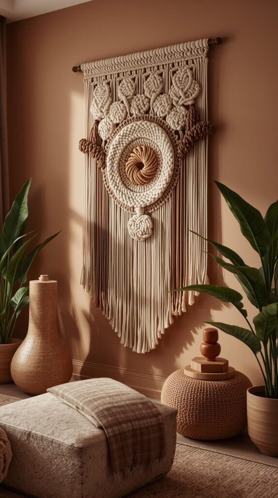 Medium-to-large macramé wall art hanging featuring layered textures, mixed knot styles, and subtle color blocking.