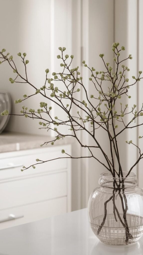 Minimal arrangement of faux branches with small green buds in a clear or stone vase. 