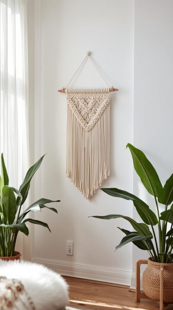 Minimal macramé wall hanging displayed on a white or light beige wall. Simple symmetrical knot pattern, neutral or soft pastel cord