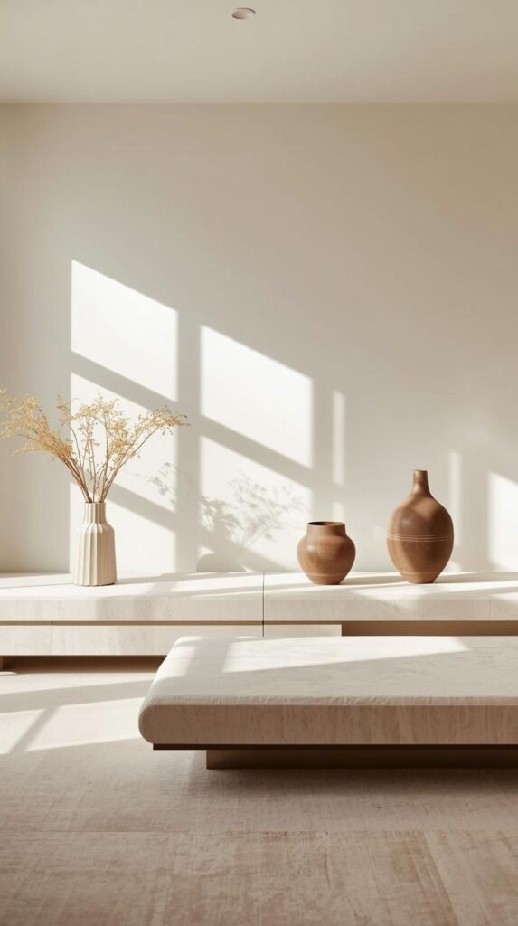 Minimal organic modern living room with intentionally sparse styling, open surfaces, one or two sculptural decor pieces.